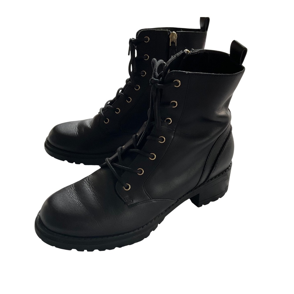 Cole Haan Combat Boots Women 7.5 Black Leather Grand 360 Lace Up Side Zip W20768